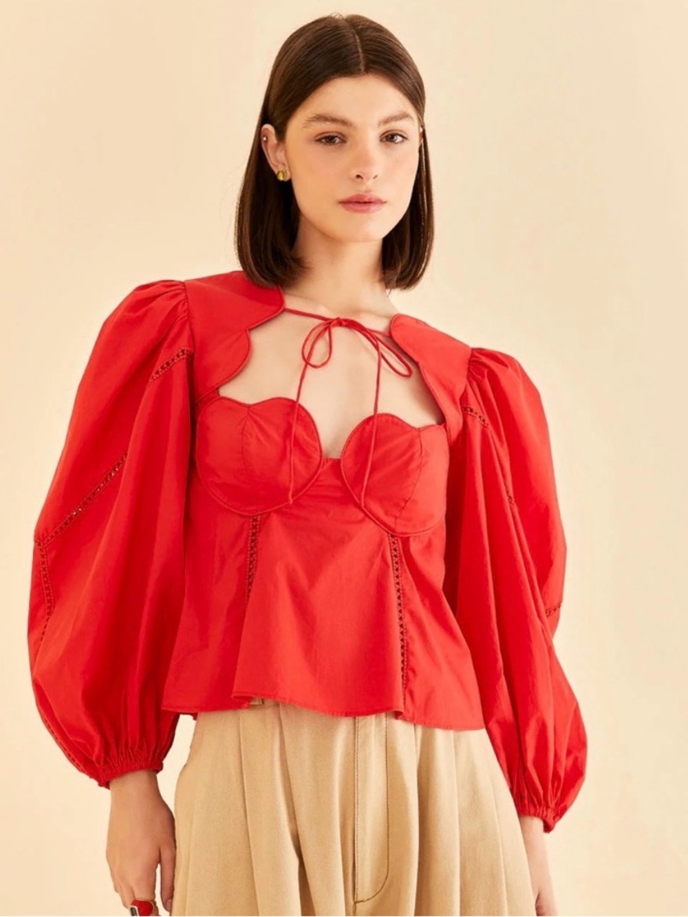 FARM Rio Red Puff-Sleeve Heart Top- Long Sleeve
